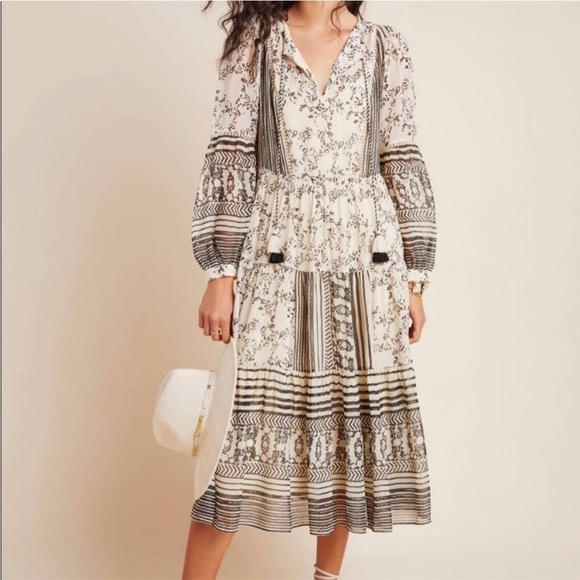 Anthropologie Cream & Black Talulah Tiered MIDI Dress - Picture 13 of 13